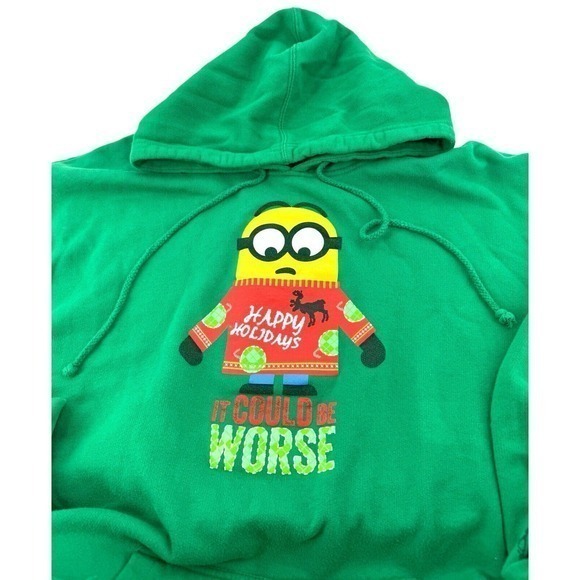 Universal Studios Green "It Could Be Worse" Minion Holiday Sweatshirt Hoodie XL‎ - Picture 3 of 11